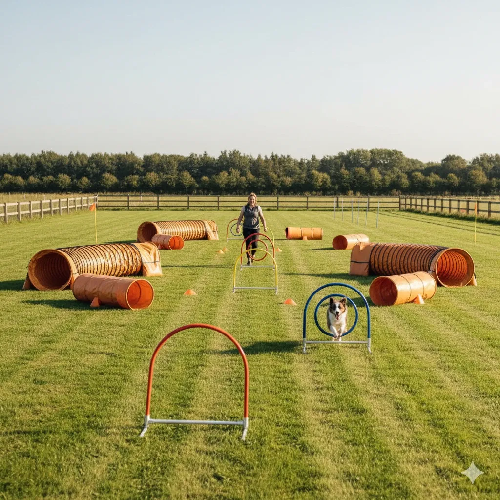 Un conduttore indica la direzione al suo cane a distanza in un percorso di Hoopers.