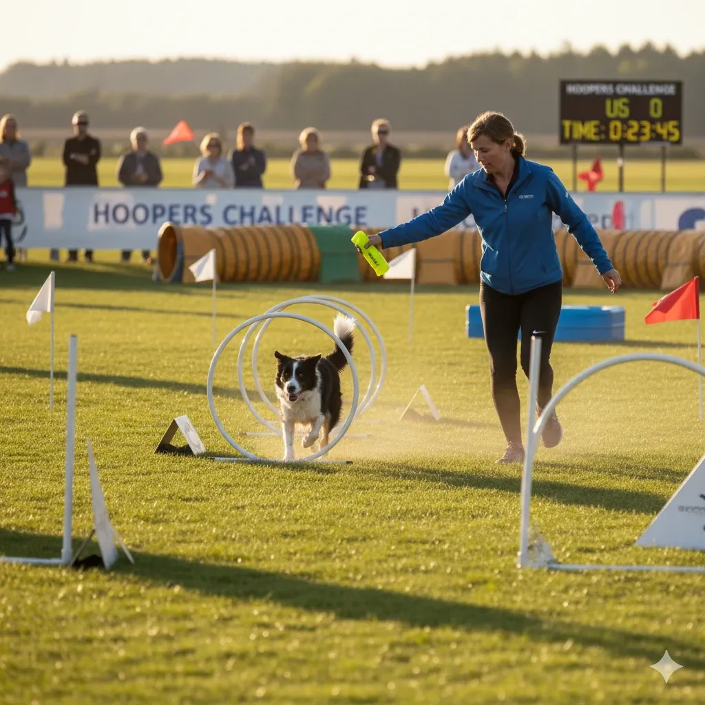 Un cane attraversa un tunnel durante un allenamento di Hoopers a Roma, un esercizio chiave della guida.
