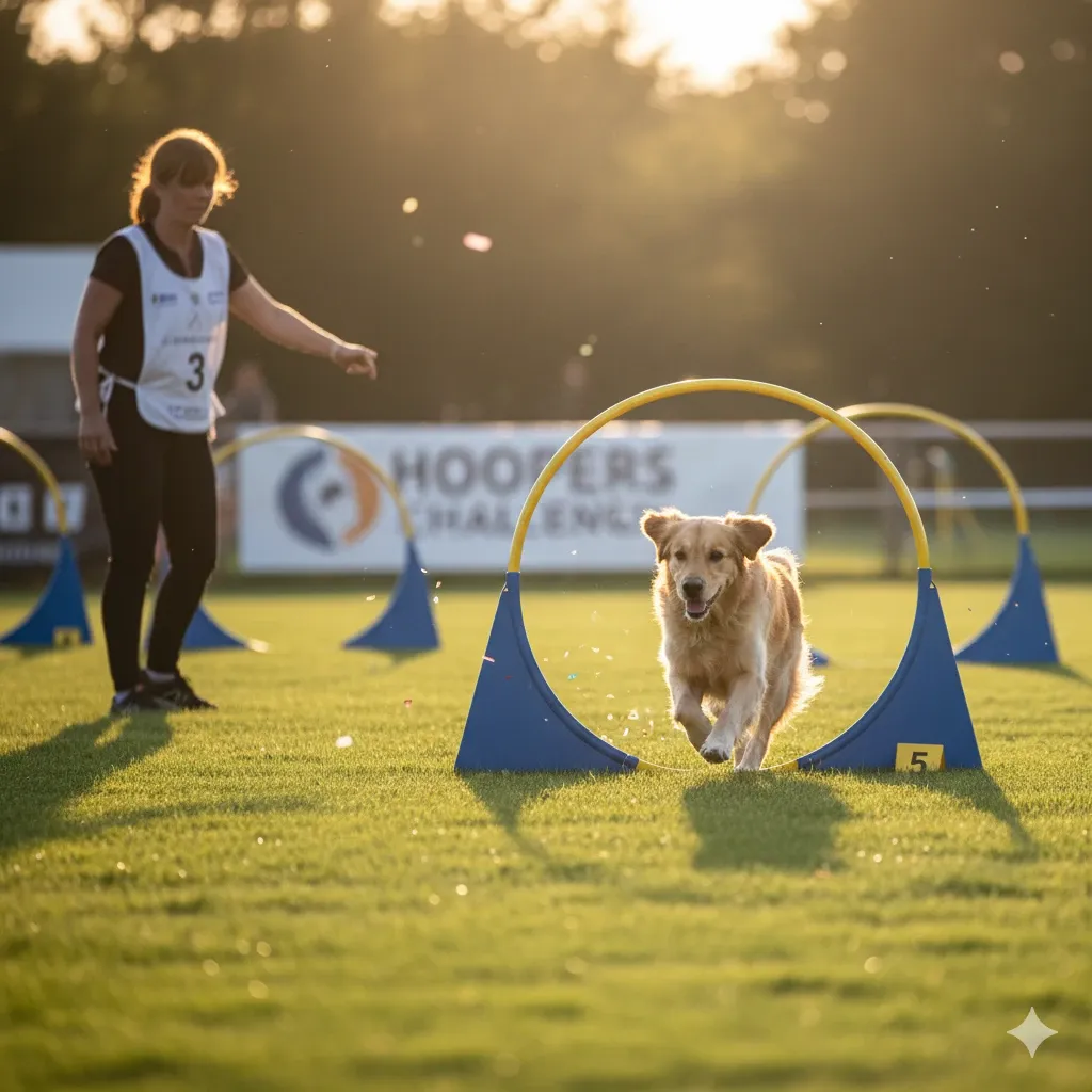 Un cane anziano attraversa un hoop con calma e serenità, simbolo dell'Hoopers terapeutico.